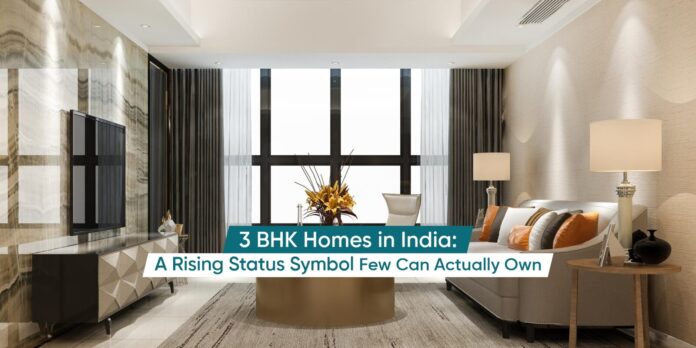 3BHK Homes in India A Rising Status Symbol Few Can Actually Own Modern Indian 3BHK apartment living room showcasing luxury interiors and spacious design, symbolizing urban aspirations.